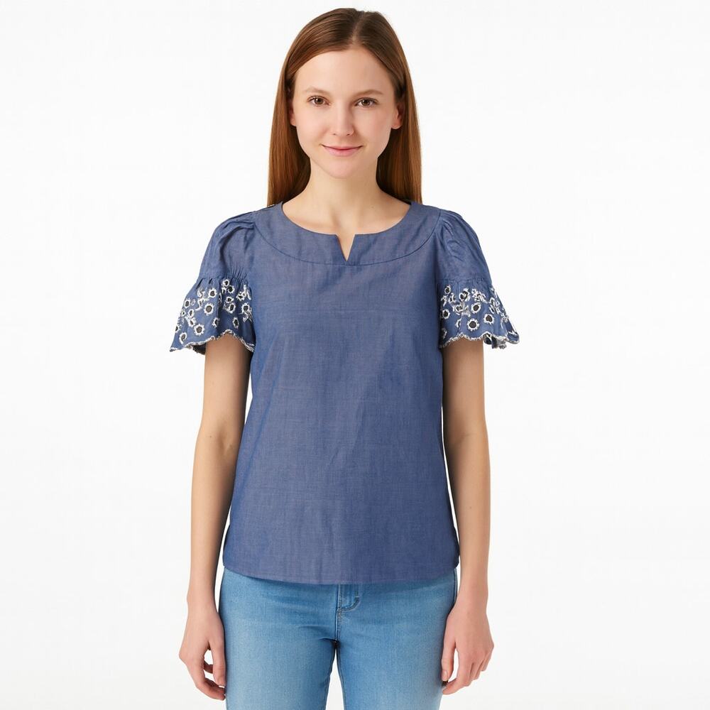 Isaac Mizrahi Live! Cotton Lawn Split Neck Embroidered Blouse size XS NWOT